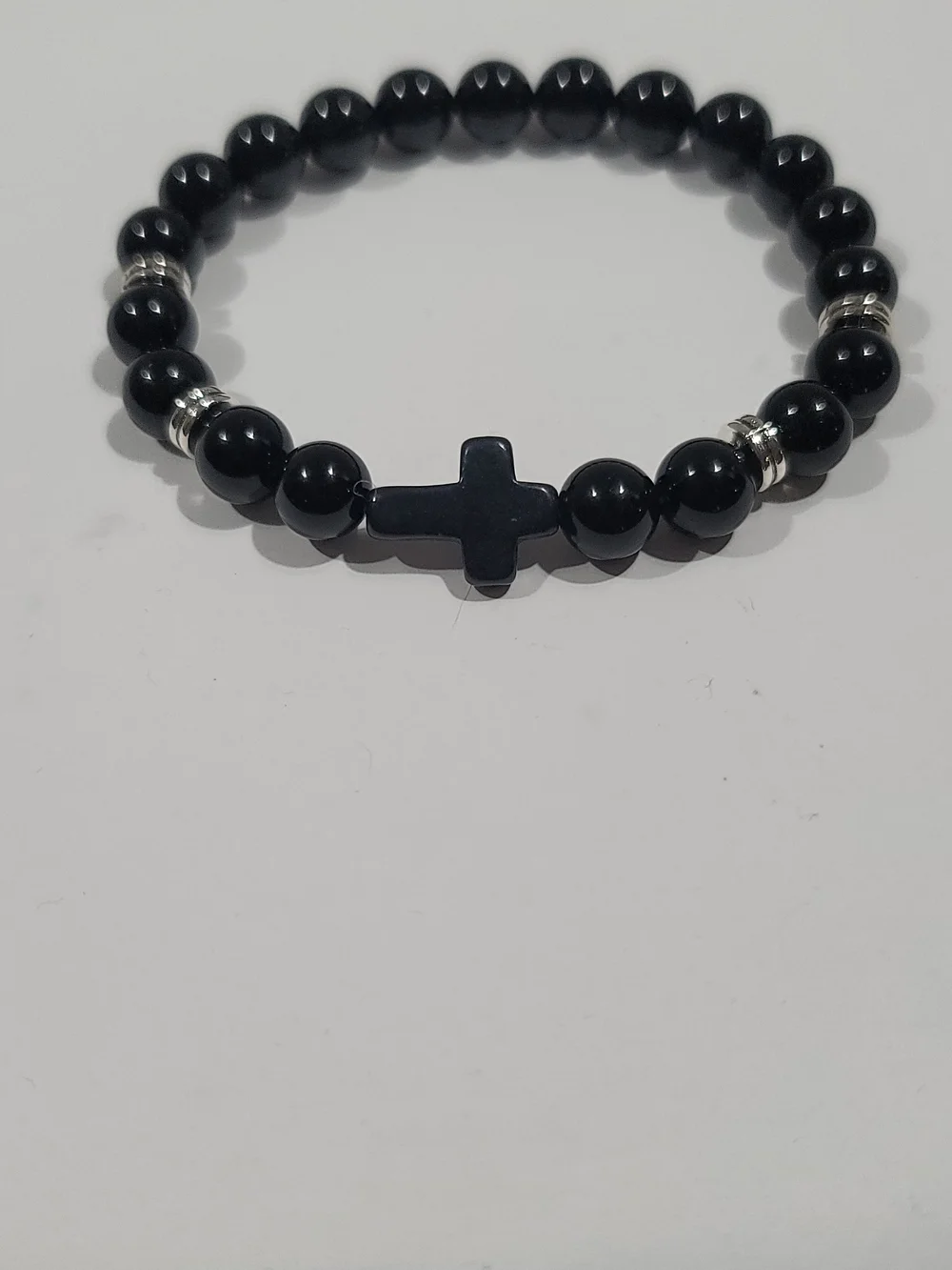 Black Beaded Cross Stretch Bracelet - Mens / Women Accessory